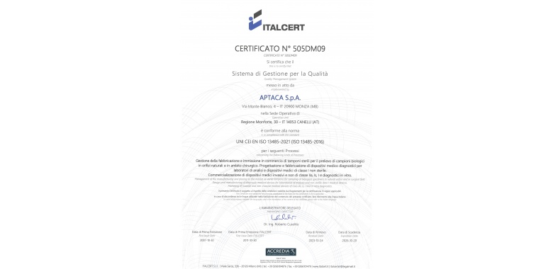 Update of the UNI EN ISO 9001:2015 & UNI CEI EN ISO 13485:2021 certificates